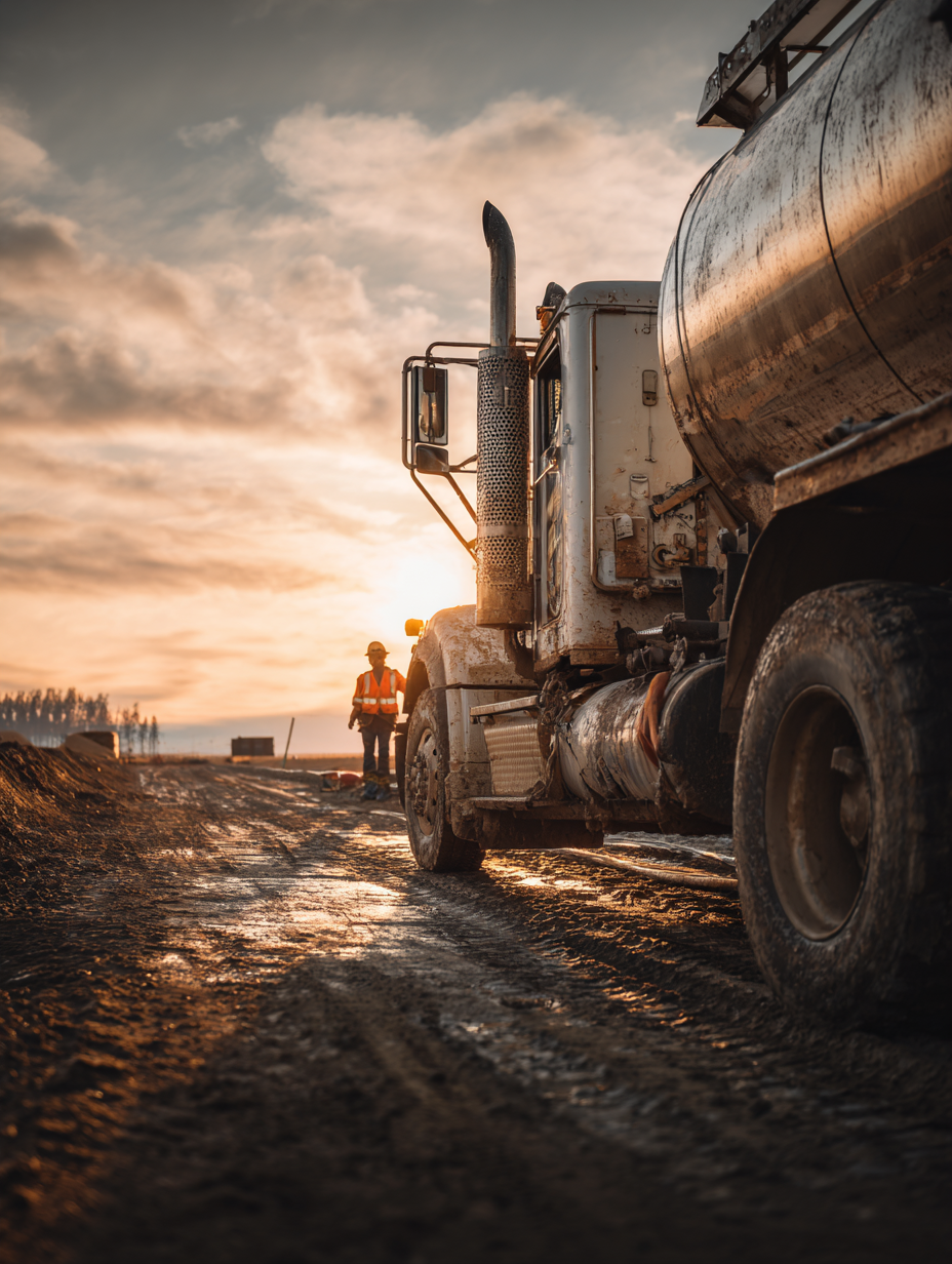 Diesel delivery truck on a muddy construction site at sunset, with a worker in safety gear overseeing operations, representing BettyJet's off-grid fuel services for remote projects.
