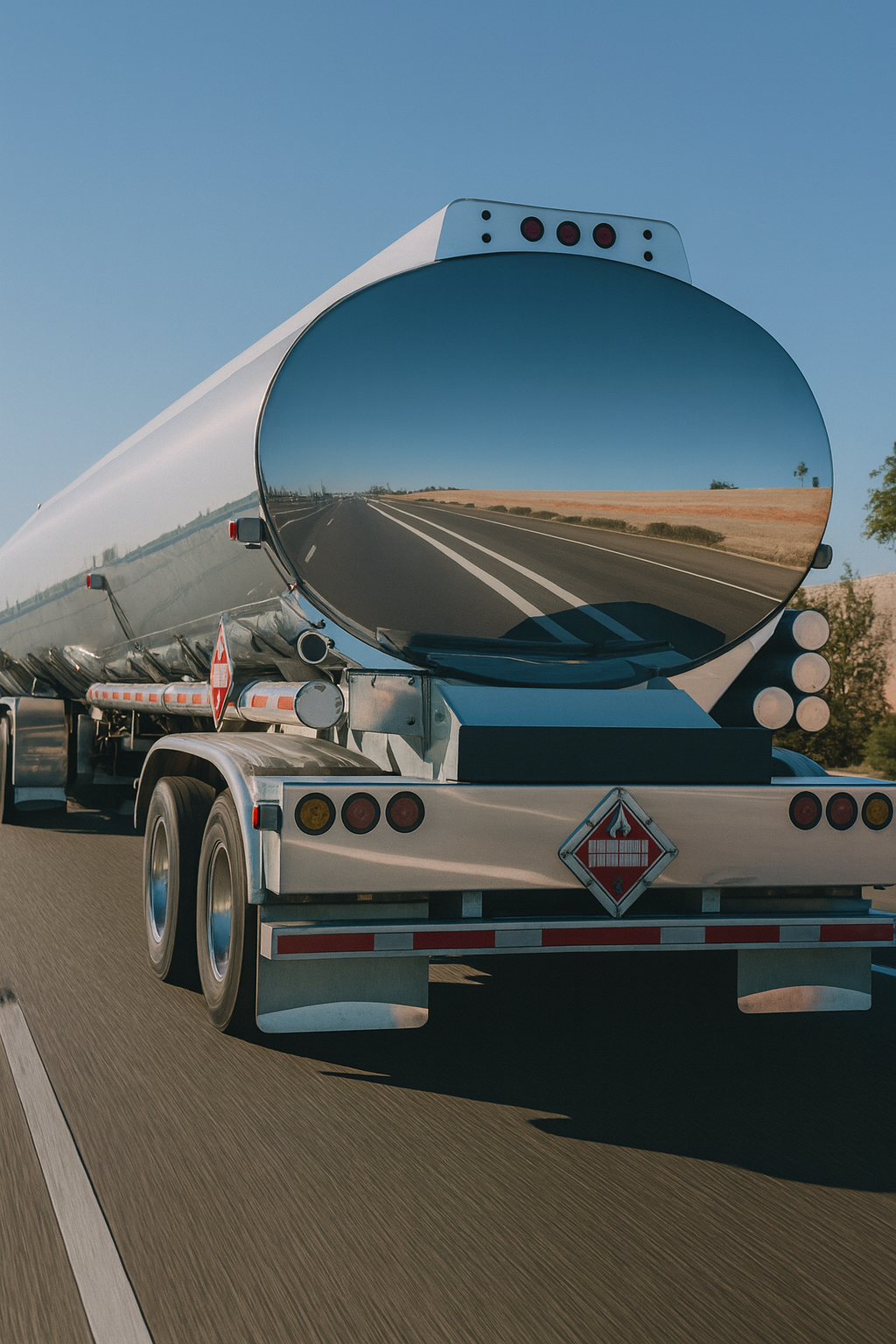 Fuel delivery truck on highway reflecting road and landscape, symbolizing efficient fuel logistics for emergency generator refueling and reliable service across Florida.