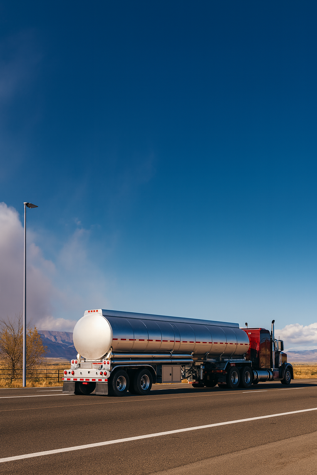 Fuel delivery truck on road, showcasing a silver tanker for on-site diesel delivery services in Florida, emphasizing reliability and compliance for construction job sites.