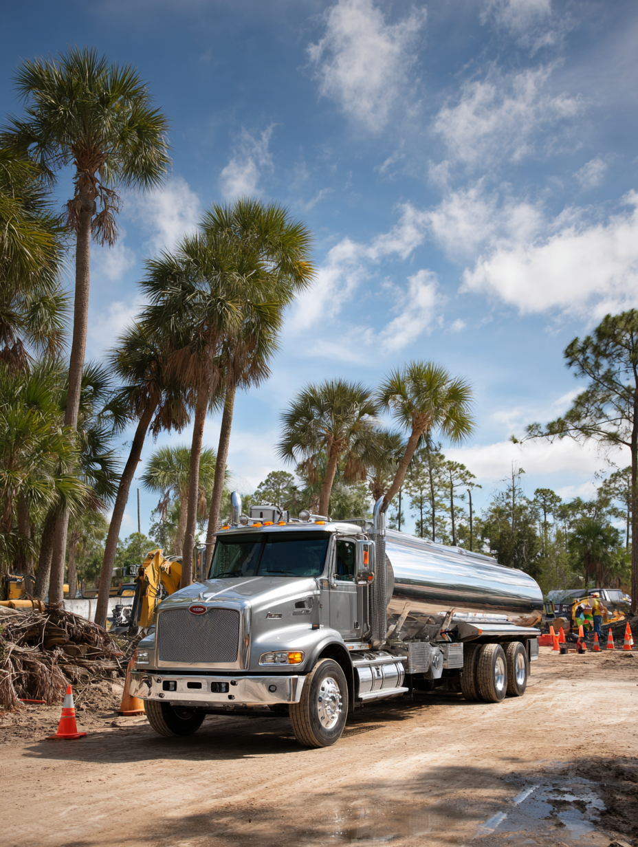 Silver diesel delivery truck parked on a construction site surrounded by palm trees, illustrating BettyJet's on-site fueling services for job sites in Florida.