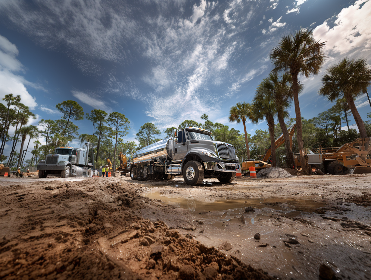 BettyJet Diesel Truck – Muddy Job Site Delivery Florida Diesel delivery trucks on a construction site in Florida, showcasing equipment and palm trees, emphasizing on-site fuel logistics for timely project execution.