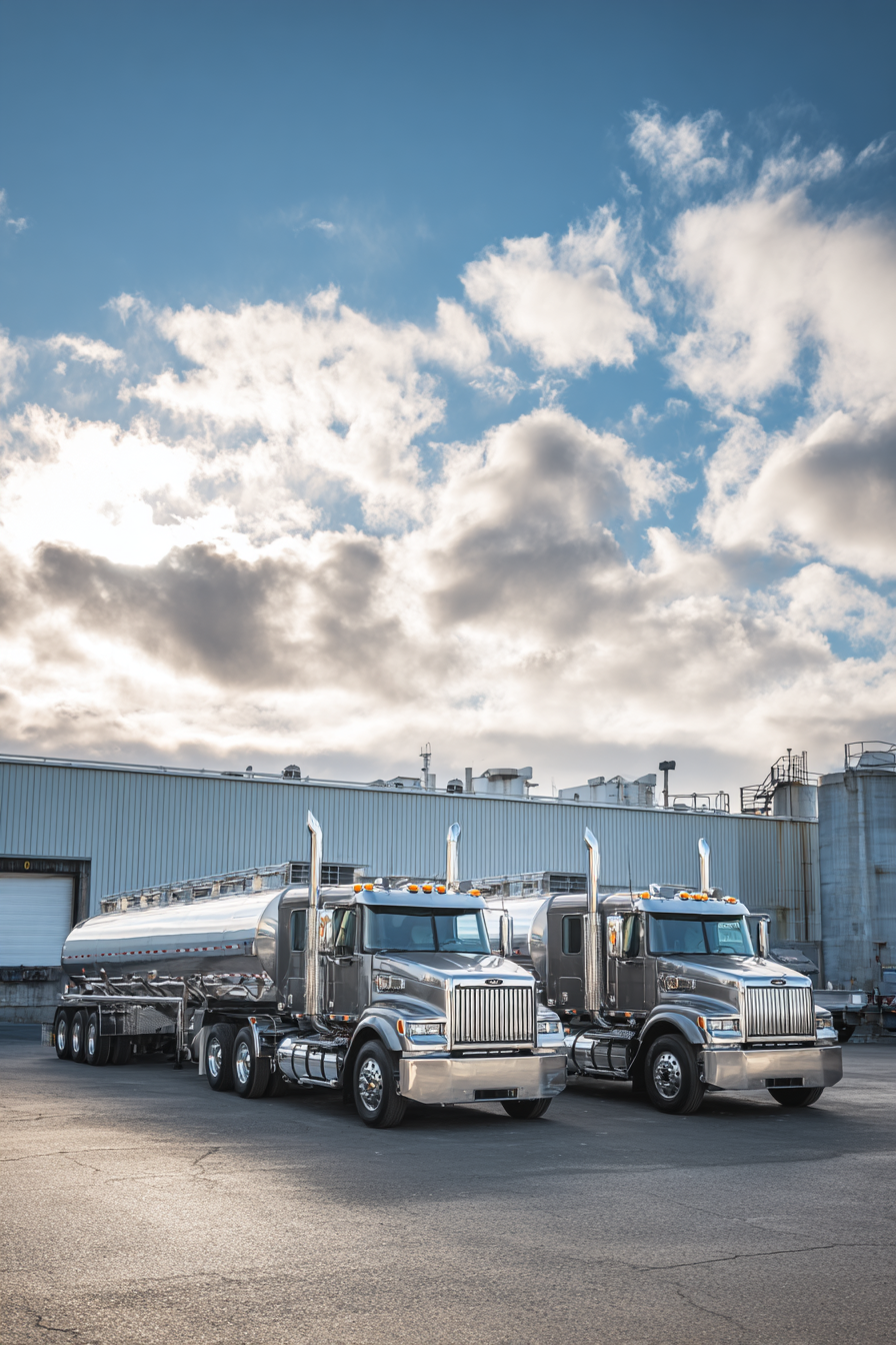 BettyJet Fuel Tanker Fleet – Industrial Diesel Delivery Florida Two silver diesel tanker trucks parked in front of an industrial building, showcasing BettyJet's commercial fueling capabilities for construction and emergency services in Florida.