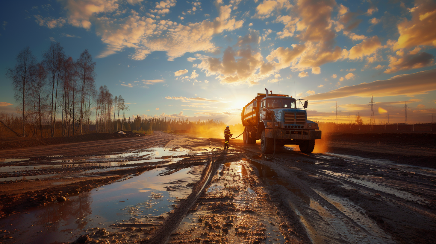 Rural On-Site Fuel Delivery – BettyJet Off-Grid Diesel Service Remote diesel fuel delivery truck refueling equipment in rural Florida, with sunset backdrop and muddy terrain, illustrating BettyJet's off-grid fueling services.