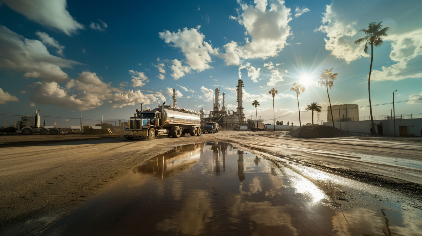 On-Site Diesel Delivery in Florida – BettyJet Fuel Trucks at Work Diesel delivery truck in construction site with oil refinery, reflecting clouds and palm trees, emphasizing on-site fuel supply for heavy equipment operations in Florida.