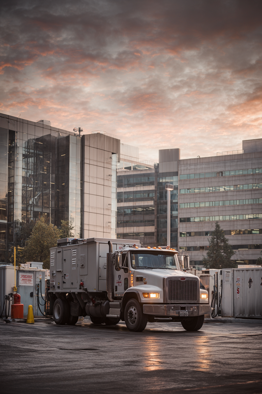 Diesel truck refueling a large emergency generator outside a modern hospital or data center at sunrise, with clean pavement and urban architecture in the background.
