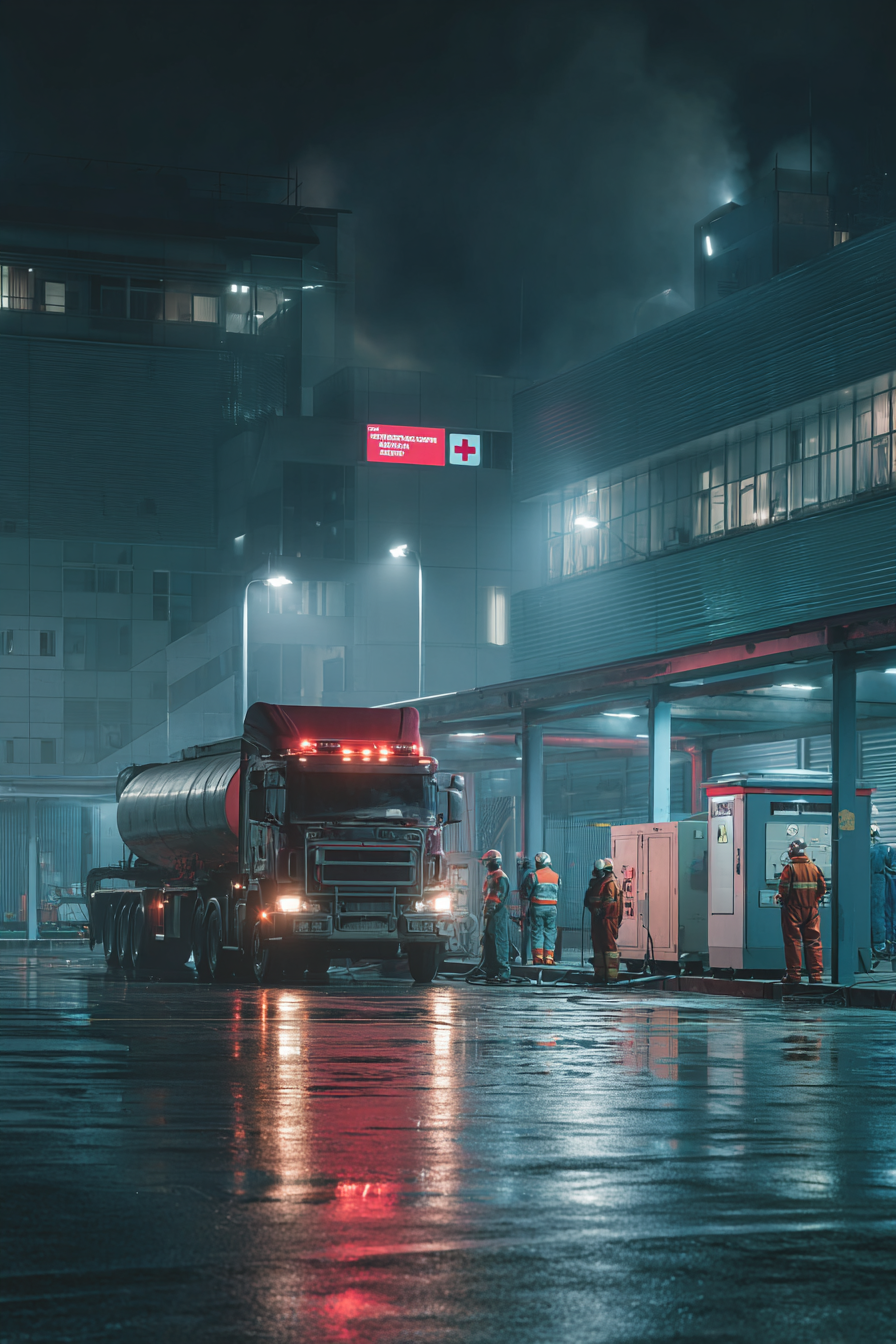 Diesel fuel tanker refueling emergency generators outside a hospital at night, with workers in safety gear illuminated by floodlights on a wet, reflective surface.