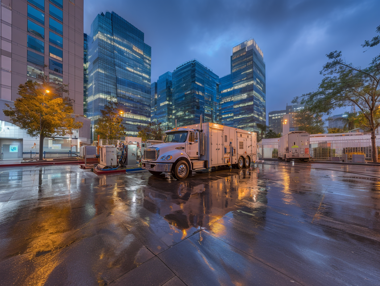 Urban Generator Refueling – Critical Infrastructure Diesel Delivery by BettyJet Diesel refueling truck servicing a backup generator outside a high-rise hospital or data center in an urban cityscape at dusk, with wet reflective pavement and lit office towers in the background.
